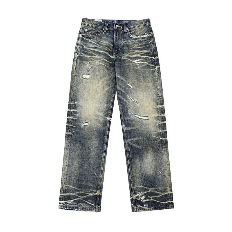 

Мужские джинсы в стиле ретро, элитный уличный стиль, стираные и потертые, маленькая прямая трубка, модные, классные и ностальгические брюки.