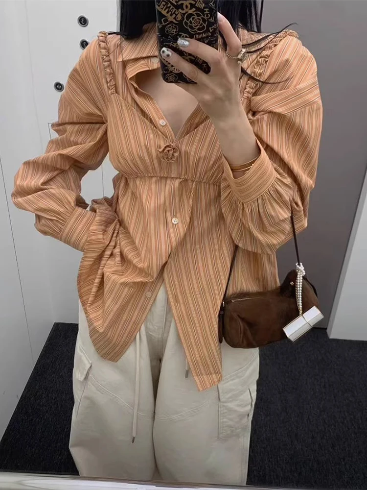 

Liangliang Retro Striped irt Women's Early Autumn New Sle 3D Flower Layering ort Strap Top Faionable Two-Piece Set