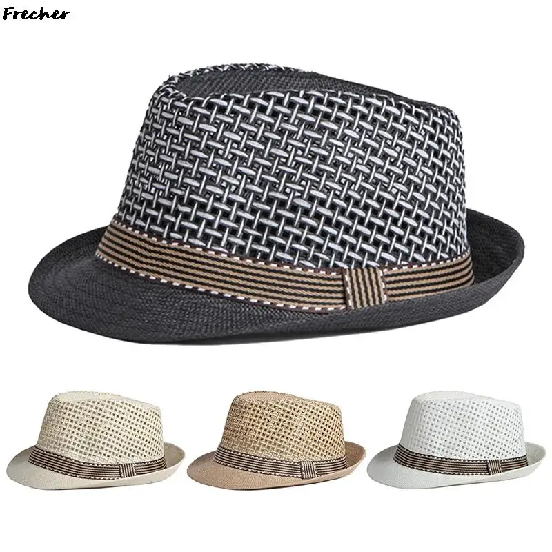 British Men Beach Sun Hats Summer Cowboy Fedora Retro Jazz Hat Breathable Straw Caps Outdoor Panama Man Gentleman Holiday Sunhat