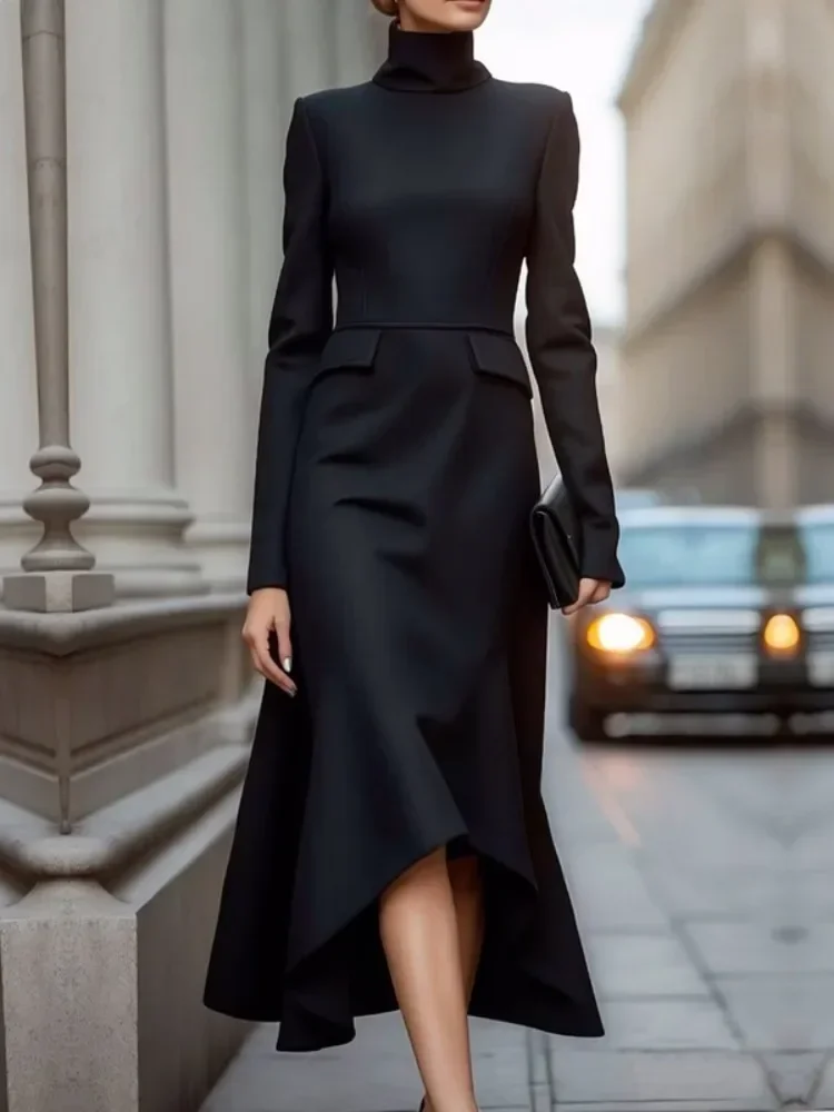 Gymdolphin Urban Female 2024 Autumn Stylish Commuter Dress Solid Black High Neck Long Sleeves Split-joint Pleated Midi Dress