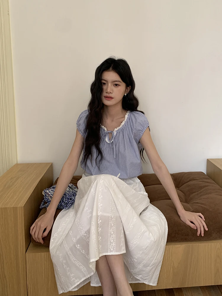 

Синяя свободная женская блузка: летний дизайн, новинка 2026, повседневный стиль, премиум-качество