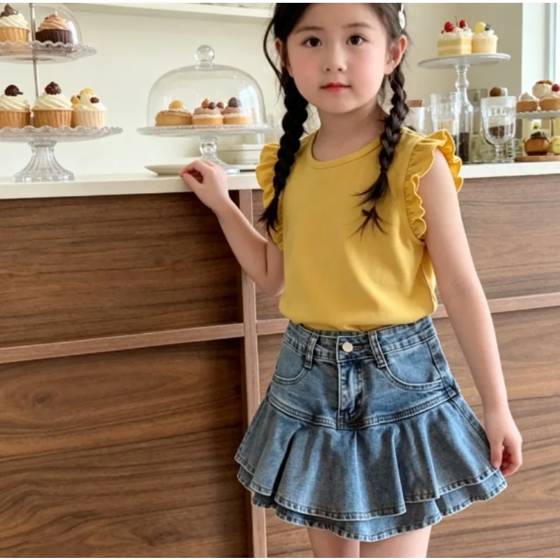 Baby Girls' Lotus Leaf Short Sleeved Skirt New Set 2026 Summer Thin Girls' Tank Top Little Princess T-shirt Denim Skirt