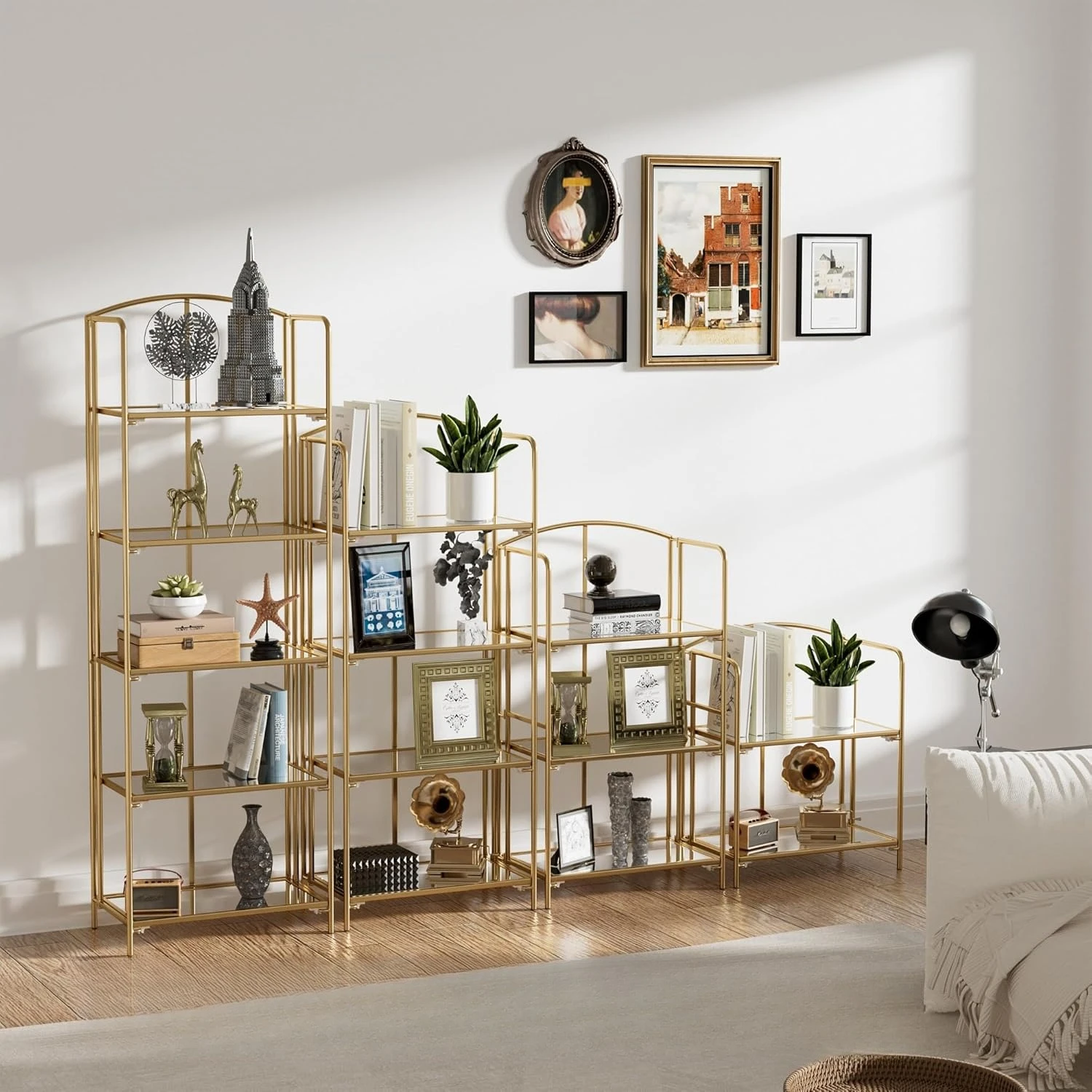 رف كتب قابل للطي بدون تجميع لغرفة المعيشة، رف كتب ذهبي قابل للطي مكون من 5 طبقات للمكتب المنزلي #6