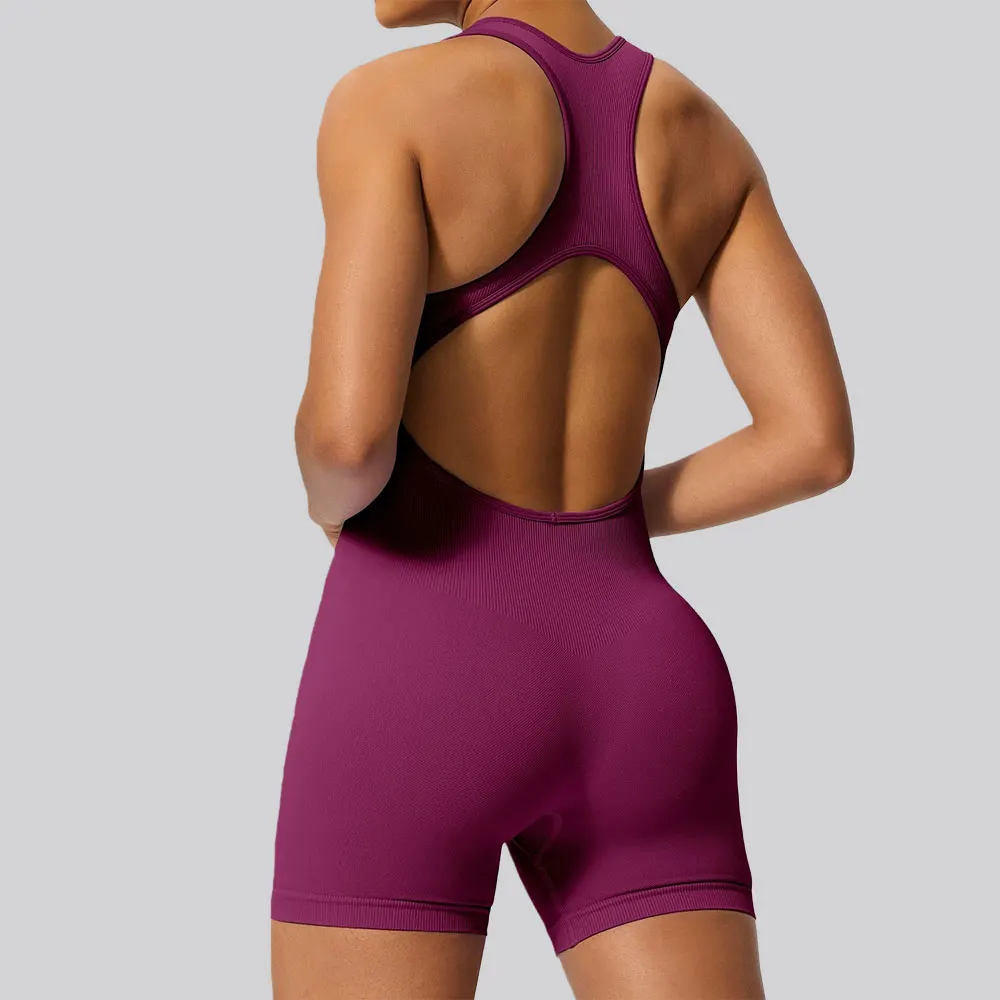 

1PCS Backless Yoga Suit U Neck Sleeveless Sports Jumpsuit Seamless Solid Colour Ribbed Stretch With Chest Pad Women Bodysuit