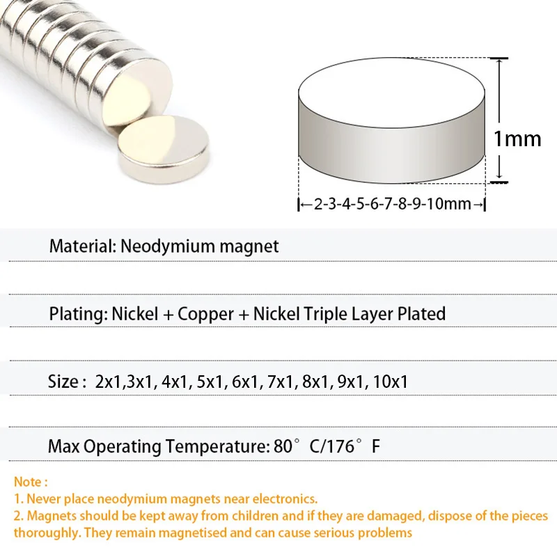 Round 2x1,3x1,4x1,5x1,6x1,7x1,8x1,9x1,10x1 Durable Super Strong Magnet N35 Permanent NdFeB Powerful Magnetic Disc imanes