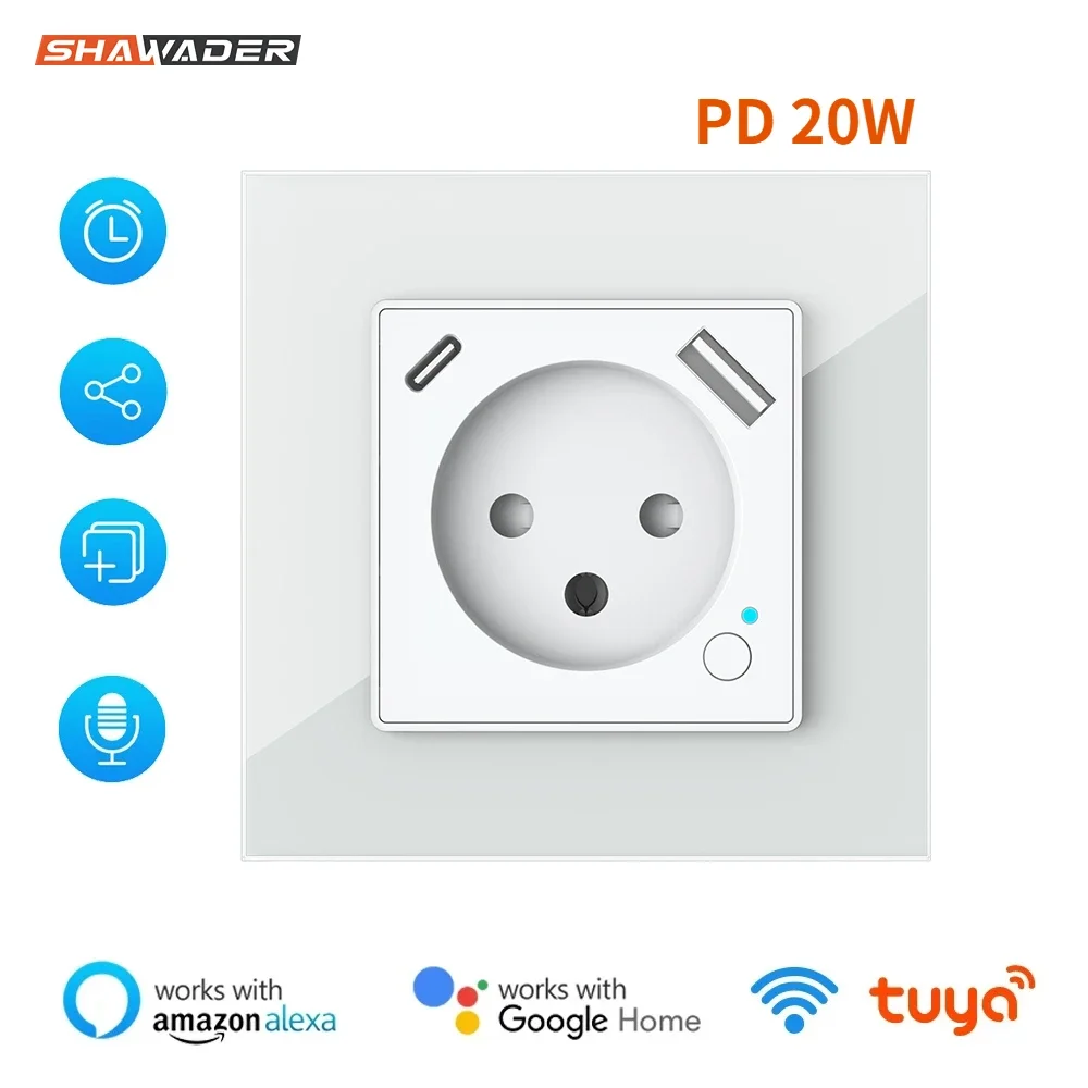 Shawader Tuya WiFi Smart Israel Wall Socket EU Power Plug Outlet USB Type-C PD 20W Charge Port for Iphone Alexa Dot Google Home