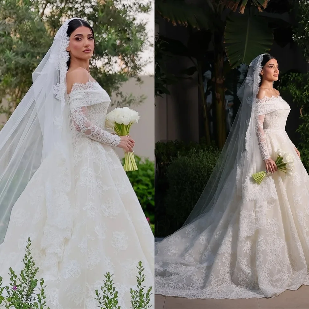 

Customized High Quality Organza Wedding Dress Exquisite Boat Neck Off the Shoulder Long Sleeves Chapel Train Bridal Gowns