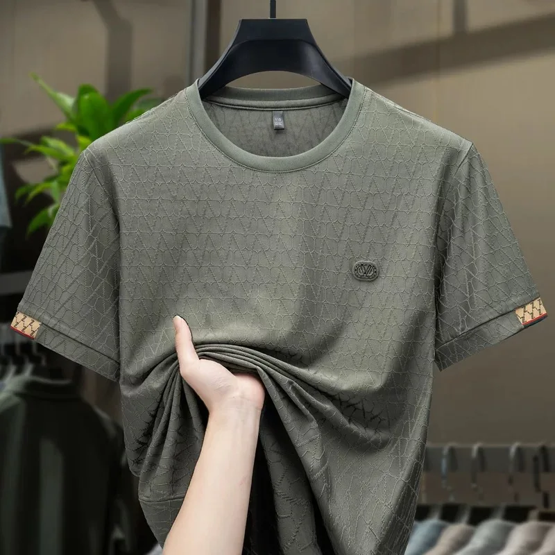 

Летняя дышащая футболка из ледяного шелка с короткими рукавами, мужская повседневная футболка с круглым вырезом, модный жаккардовый однотонный повседневный топ с коротким рукавом