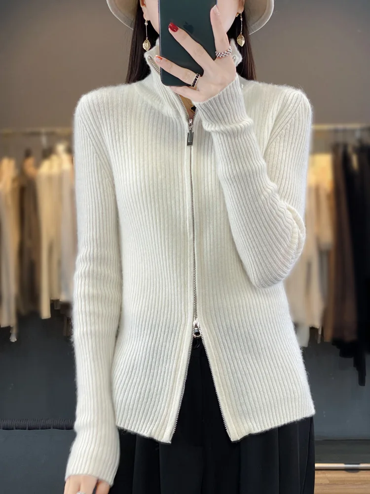 2024 High Quality Women Sweater Spring Autumn Warm Long Sleeve Cardigan 100% Merino Wool Fashion Zipper Knit Sweater Women Coat