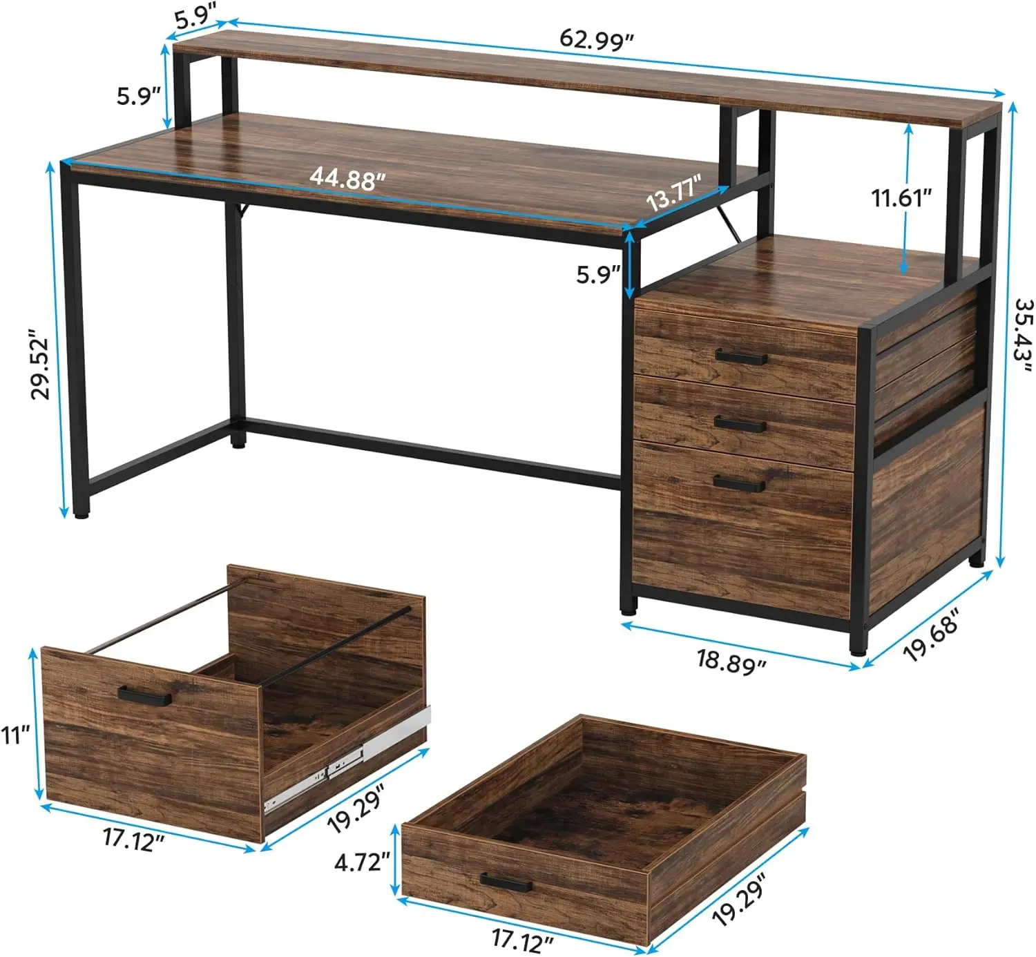 Escritorio para computadora de 63 pulgadas con cajón para archivos, escritorio de oficina ergonómico con soporte para monitor, mesa para computadora industrial con impresora