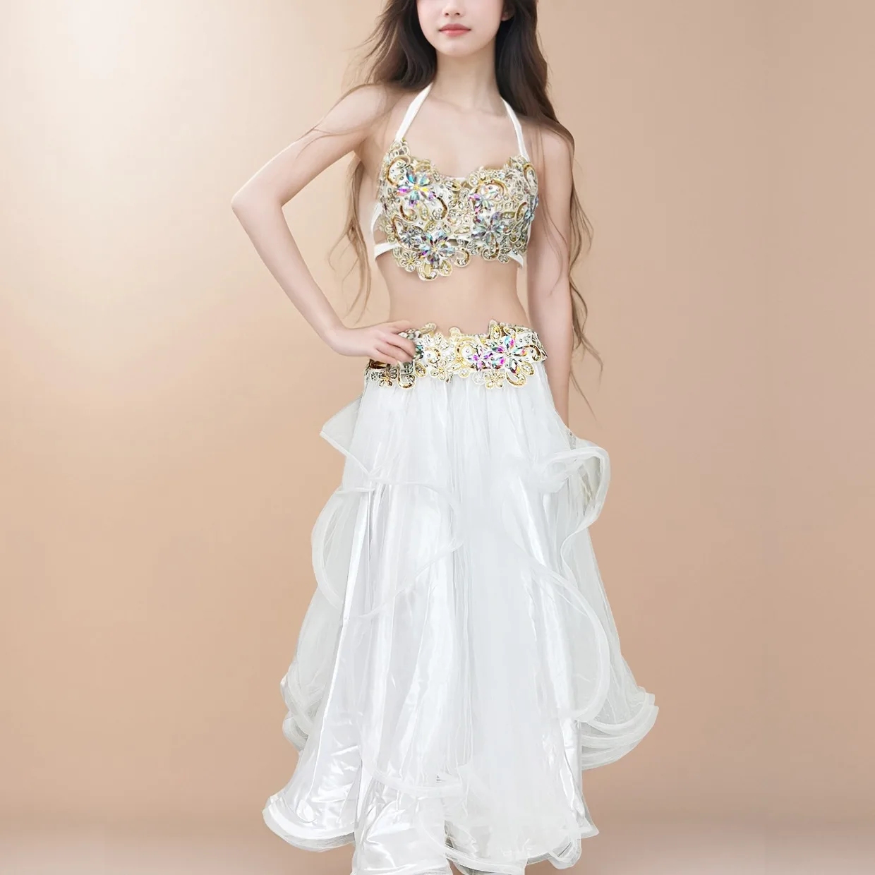 Novo desfile de passarela, roupa de performance de lantejoulas artesanal de alta qualidade sexy conjunto de roupa de performance de dança do ventre oriental de cl feminino