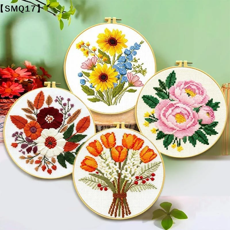 1Set Flower Embroidery Starter Kit With Hoop Thread Needles Scissors Floral Pattern For DIY Handmade Cross Embroidery Art Craft