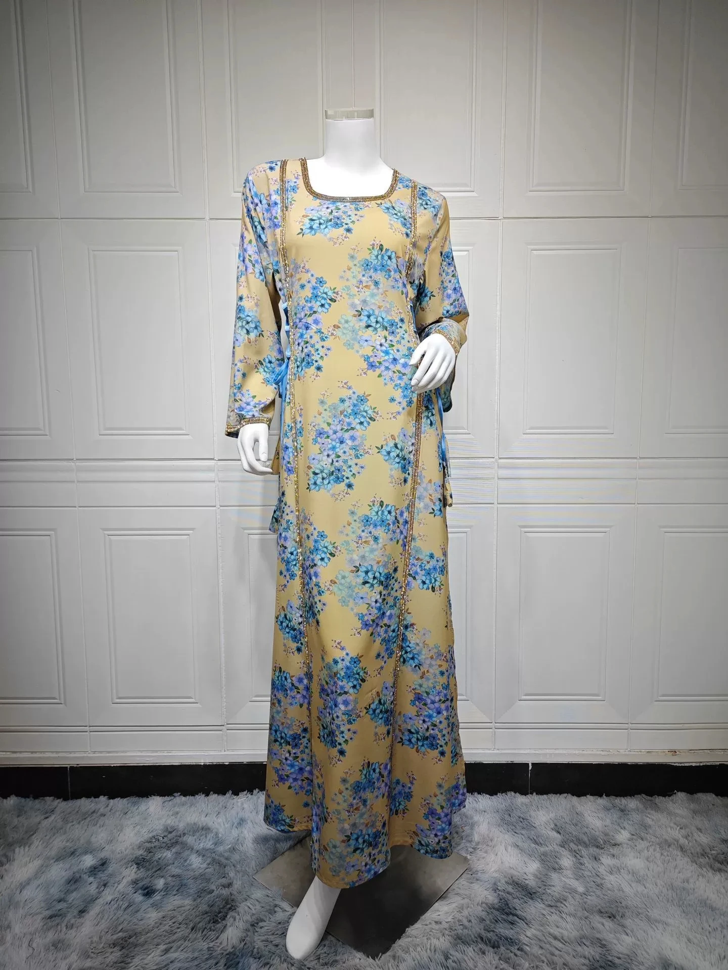 2025 Spring New Muslim Robe Printed Floral Dress Fashionable Arab Home Robe-GZXX639