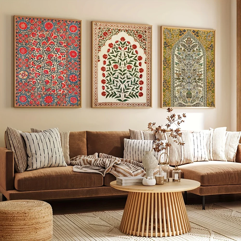 （3PCS NOFrame）-Indian Folk Art Canvas Print Wall Art Set of 3, Traditional Pattern Poster, 15. 7 x 23. 6in Frameless, Portrai