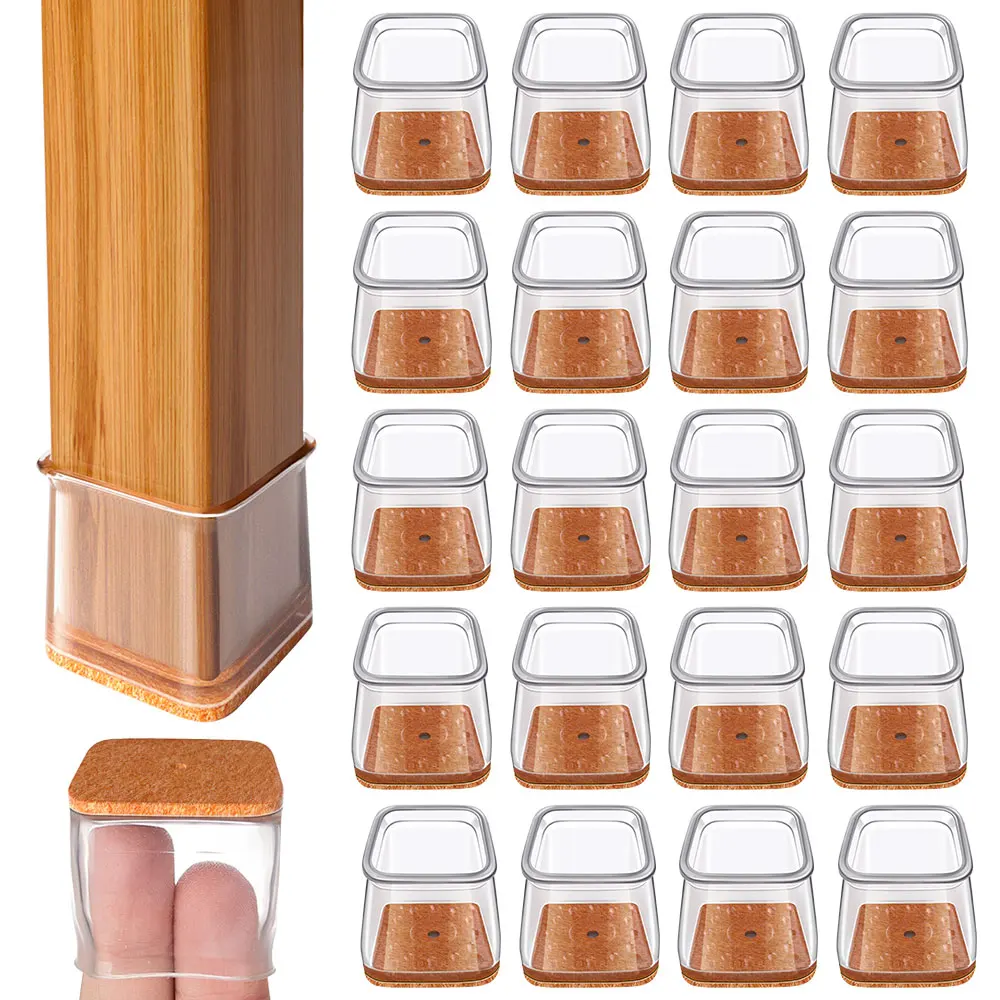 Chair Leg Floor Protectors Square Caps Covers Furniture Pads | 24Pcs Clear Silicone Felt Chair Sliders for Hardwood Floors