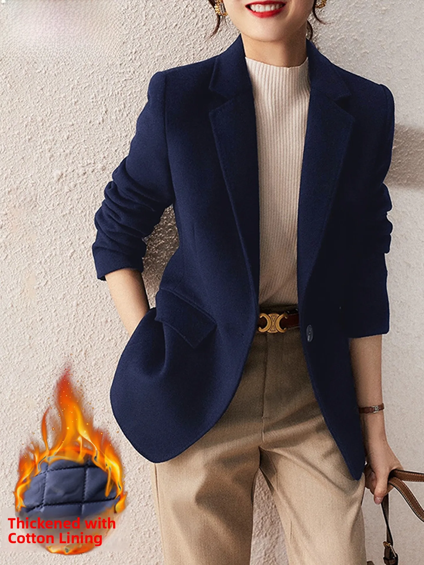 

Thiened Woolen Suit Jaet Women's Casual Sle Cotton Interlined Lapel Coat Warmth Comfortable Polyester Fiber Long Sve