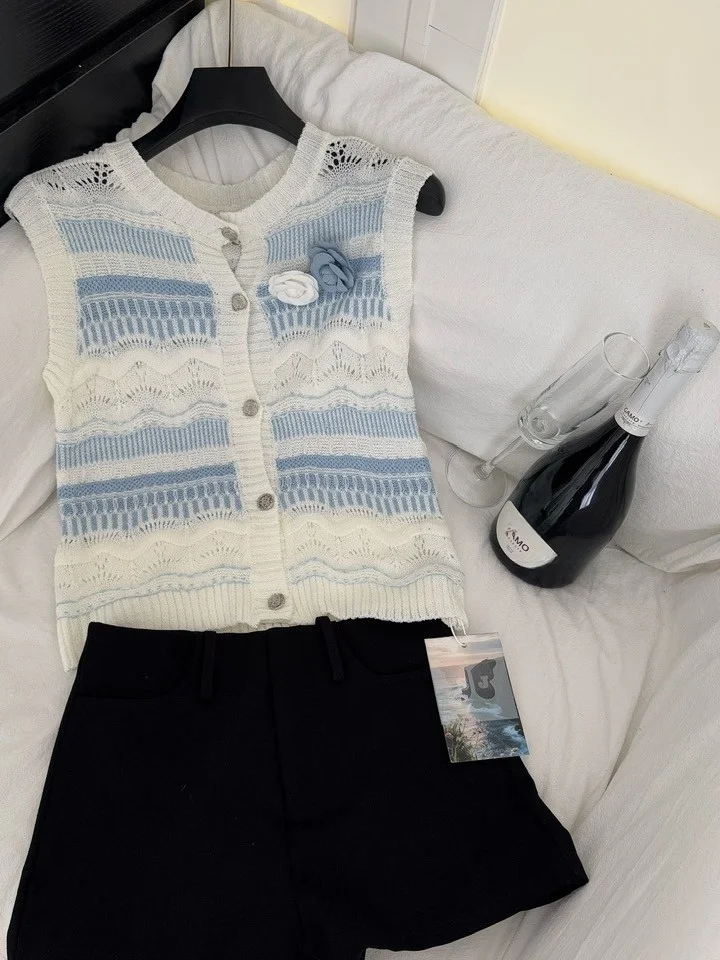 سترة صيفية محبوكة أنيقة مجوفة مستديرة Ne Svel ملابس نسائية لون Blo مخطط تصميم زهرة مجوفة #3