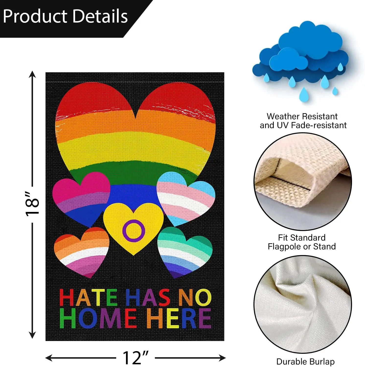 Hate Has No Home Here Rainbow Pride Garden Flag 12x18 Double Sided Burlap, Small Pride Gay Lesbian LGBT Pansexual Garden Yard Fl