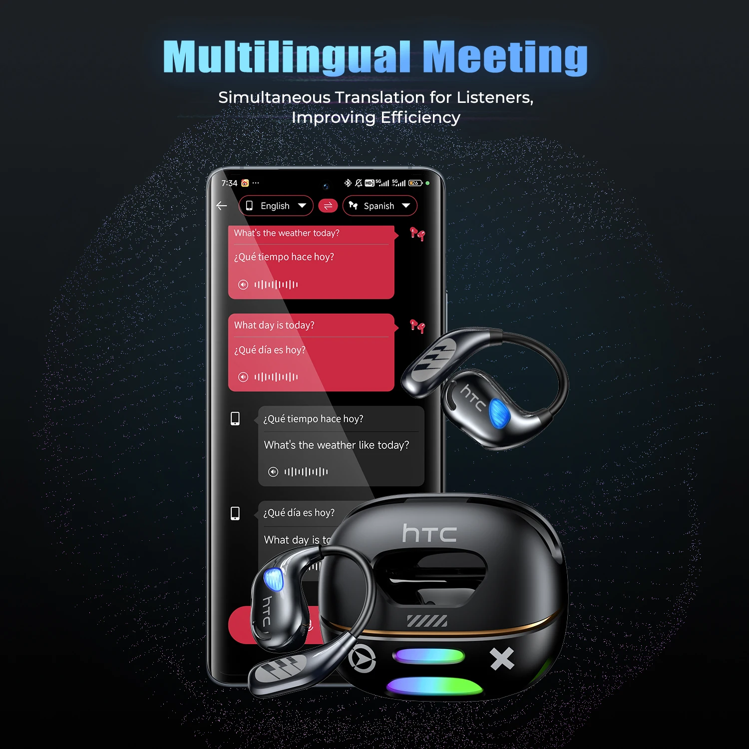 Auriculares Traductor de Idiomas 2026 HTC NE69 AI, Auriculares Inalámbricos con Traductor en Tiempo Real, BT6.0, Baja Latencia para Juegos, Sonido HiFi