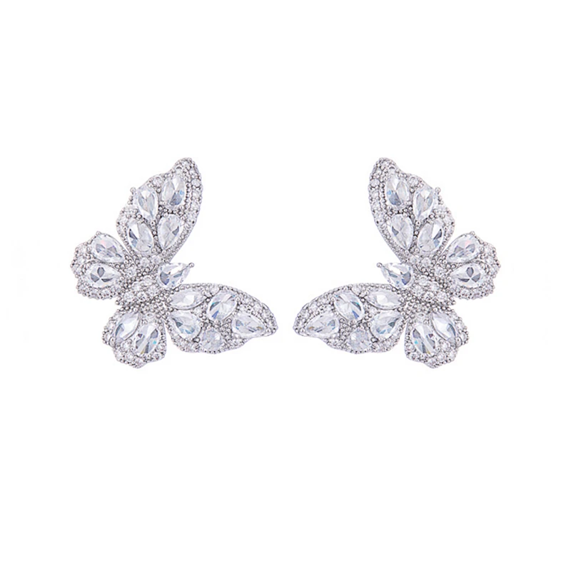 Butterfly zircon earrings women's light luxury super flash earrings bridal wedding accessories banquet silver needle earrings