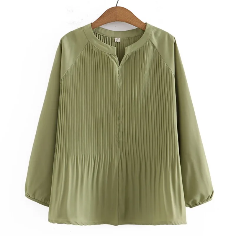 Women Blouses Plus Size 4xl LOOSE Temperament Pleated Tops Simple Solid Color Raglan Sleeves Chiffon Shirt Autumn 2022