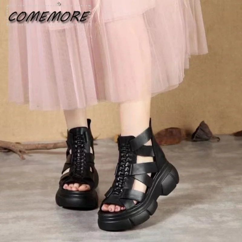 Roman-style Comfortable Wedges Heels for Women\'s with Fish Mouth Layer of PU Leather Retro Chunky Rocking Sandals Fashion Shoes