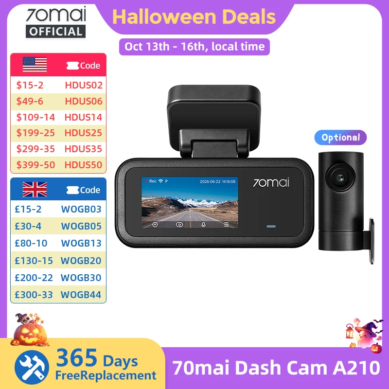 【New】70mai A210 Dash Cam 1080P HDR Night Vision Support Dual-Channel Supercapacitor Built-in GPS Wi-Fi6 24H Parking Surveillance