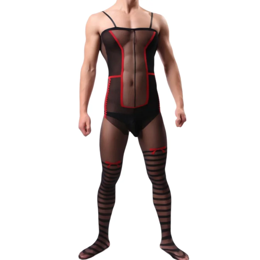 Men's Sexy See-through Striped Temptation Open-crotch Onesie Sleepwear Comfortable Adult Costume Accessory