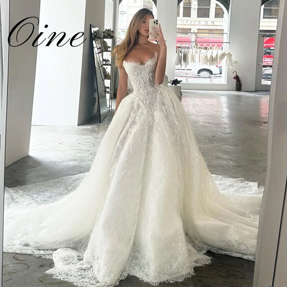 Oine Exquisite 2026 Neue A-Linien Brautkleider mit Falten, Perlen und Spitze, maßgeschneiderte Brautkleider mit Schleppe und Schnürung, Vestidos De Novia