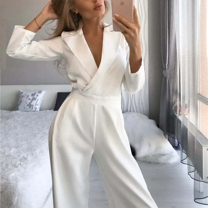 

Solid Long Sleeve Jumpsuits Notched Women High Waist Wide Leg Rompers Loose Office Lady's Junpsuit Casual Elegant Summer