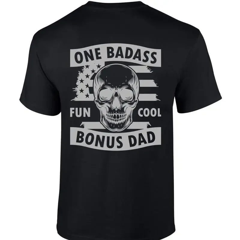 Mens Fathers Day Tshirt One Badass Bonus Dad Skull Funny Short Sleeve