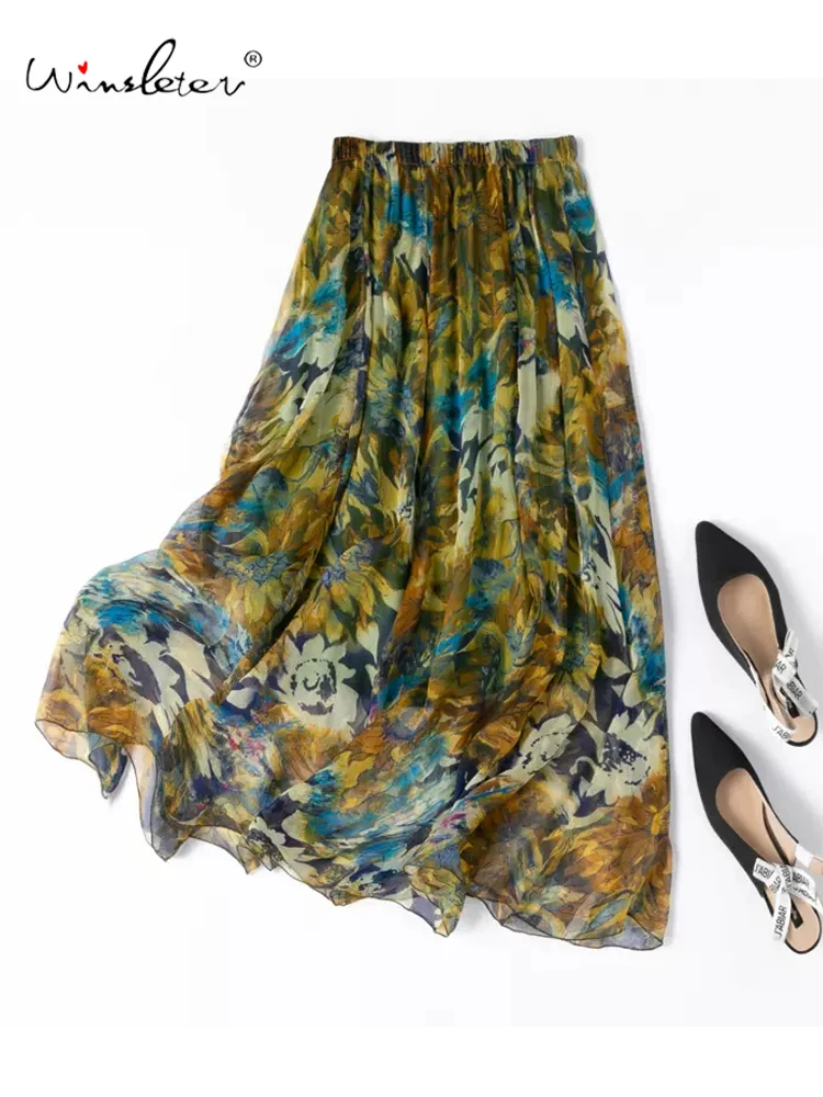 

Winsleter, 100%Real Silk Elegant Skirts, Women Elastic Waisted Ink Wash, French Vacation OL Skirt, 2024 Summer Autumn B46965QC