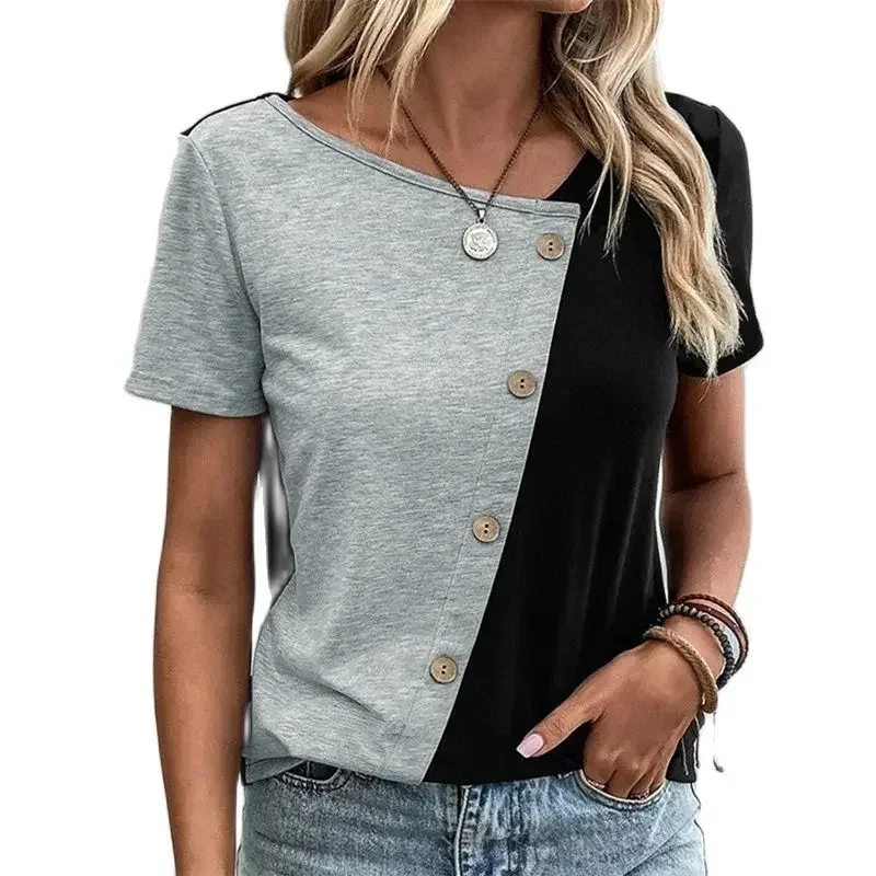 

Fashion Colorblocked Slanted Button Decoration T-Shirt Women Summer Short Sleeve Tops Daily Comfortable Casual Loose Female Tees