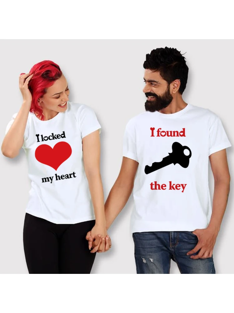 Eu bloquou meu coração, encontrei os amantes da chave, casal, camiseta, amantes do verão, engraçado, masculino, feminino, casual, casal, tops, roupas combinando