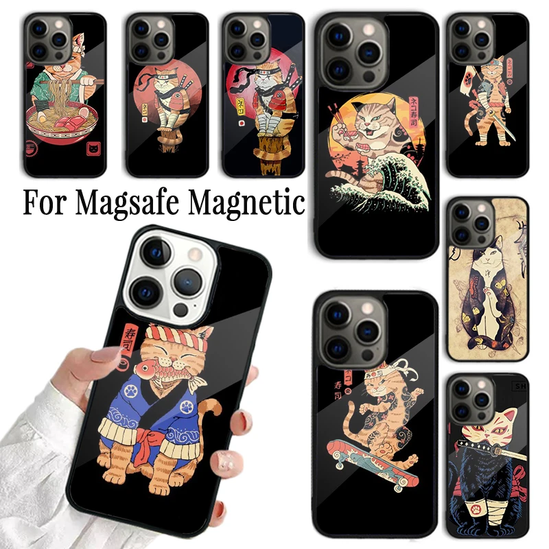 Phone Case For iPhone 16 15 14 13 12 11 Pro Max Plus Magsafe Magnetic Wireless Charging Cover Japanese Style Ukiyo-e Cat Art