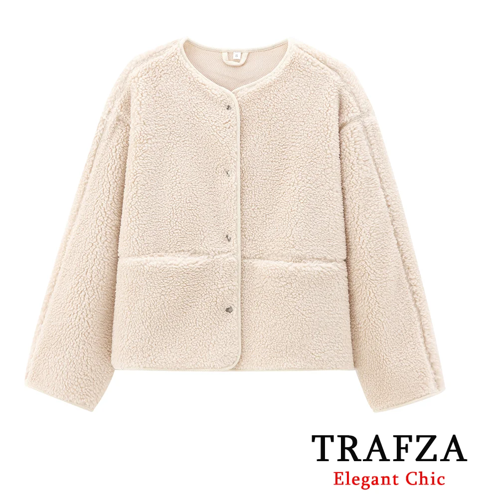 

TRAFZA-Women Stylish Teddy Fleece Jacket O-Neck Buttons Solid Jacket New 2024 Autumn Winter Fashion Casual Simple Loose Jacket