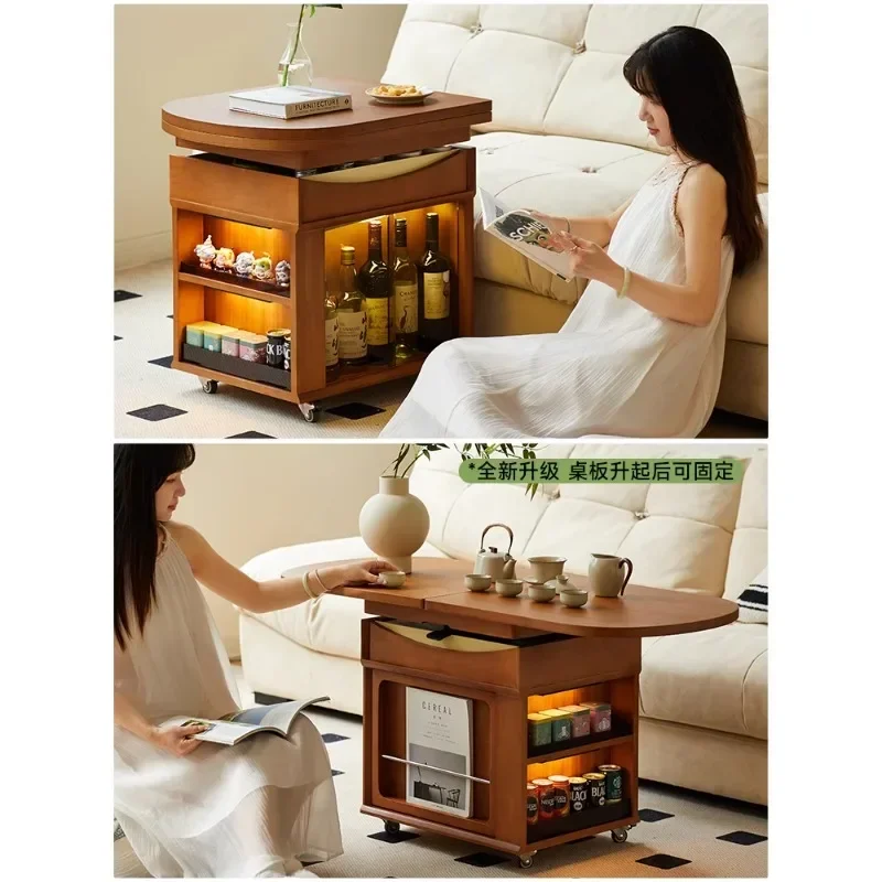Medieval solid wood folding mobile lifting small coffee table cart