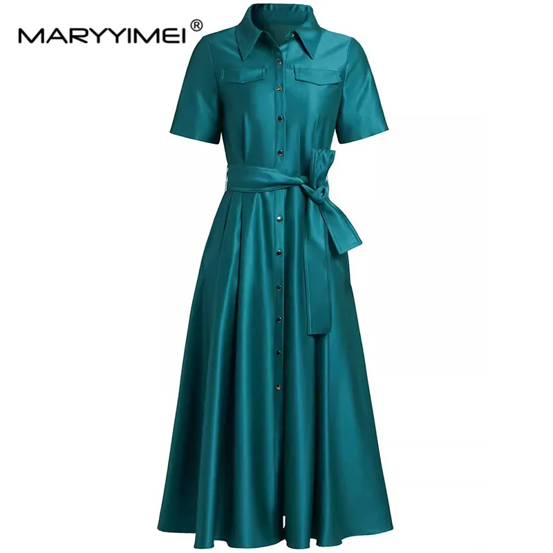 

MARYYIMEI Fashion Women's New Shirt Collar Short-Sleeved Pocket Single-Breasted Lace-Up Vintage Shaggy Slim-Fit MIDI Dress