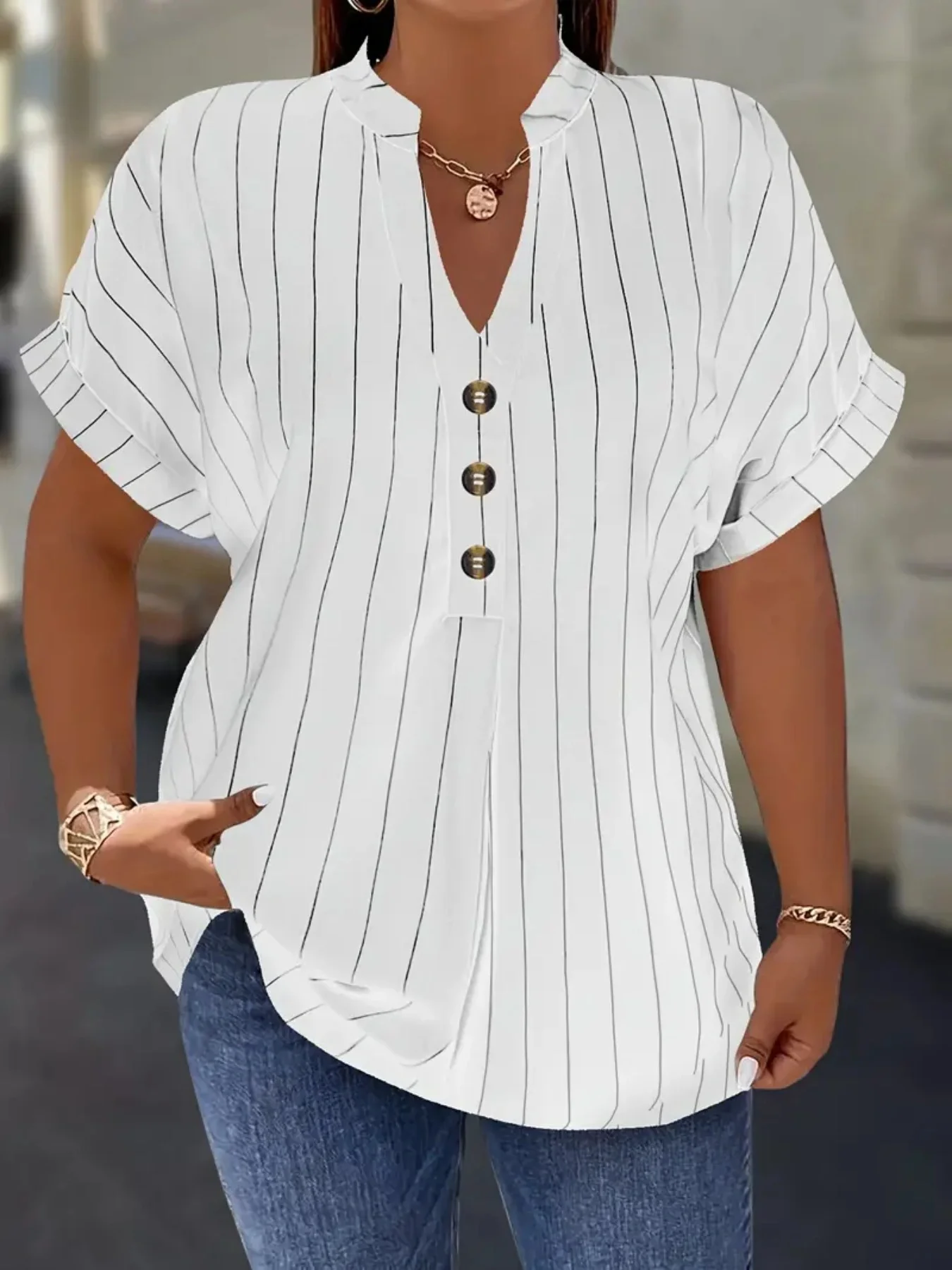 

Rosa fera Plus Size Women's Striped Blouse, Split V-Neck Button Detail Short Sleeve Loose Fit Top