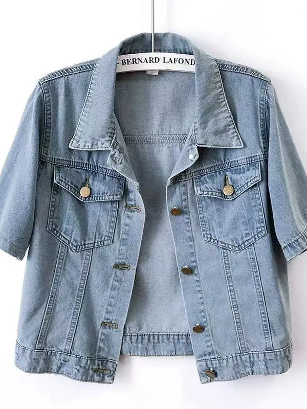 

Light Blue Faionable ort Sve Denim irt Women's Summer Loose Casual Simple ort Jaet Versatile Turn-down Collar Th...