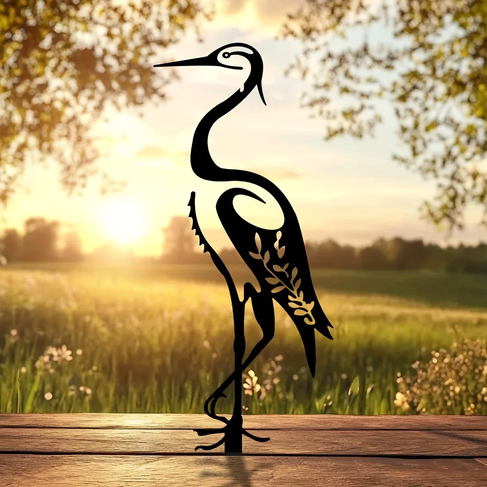 Garden Iron Art Heron Silhouette Stake Outdoor Metal Bird Sculpture 11.8 Inch for Fence Pot Thanksgiving Christmas Gift