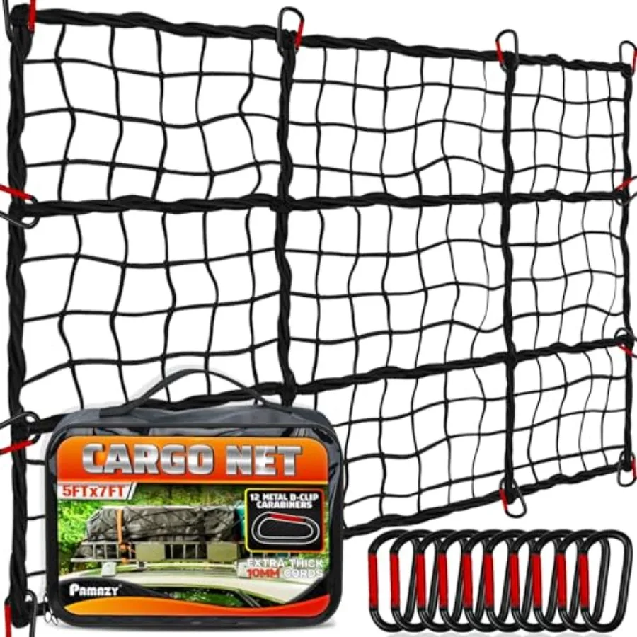 

5'x7' Heavy Duty Cargo Net Stretches to 10' x 14' Extra Thick 10mm Cord Bungee Cargo Netting for Pickup Truck Bed Roof Rack Net