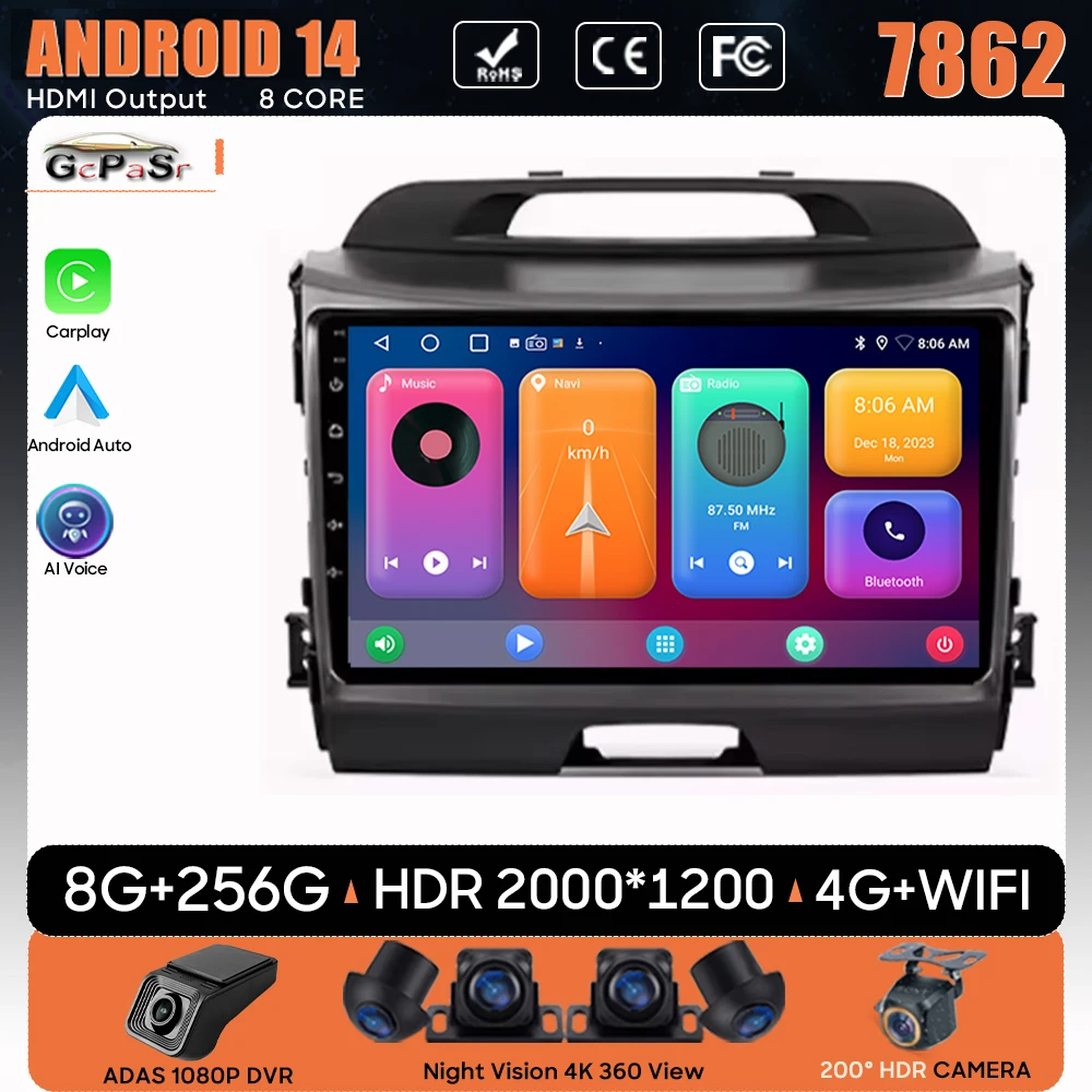 

For KIA Sportage 3 Sportage R 2010-2016 Car Radio Android 14 Navigation GPS Carplay Android Auto Multimedia Player Unit No 2din