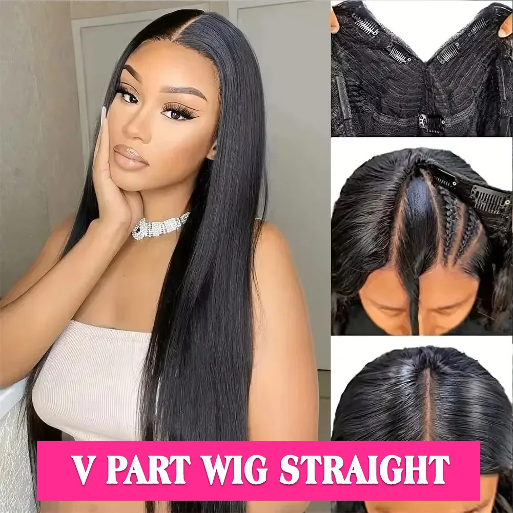 V Part Wigs Human Hair Brazilian straight Human Hair Wigs No Leave Out No Sew Glueless 200 Density Natural Black Wig For Women image 3