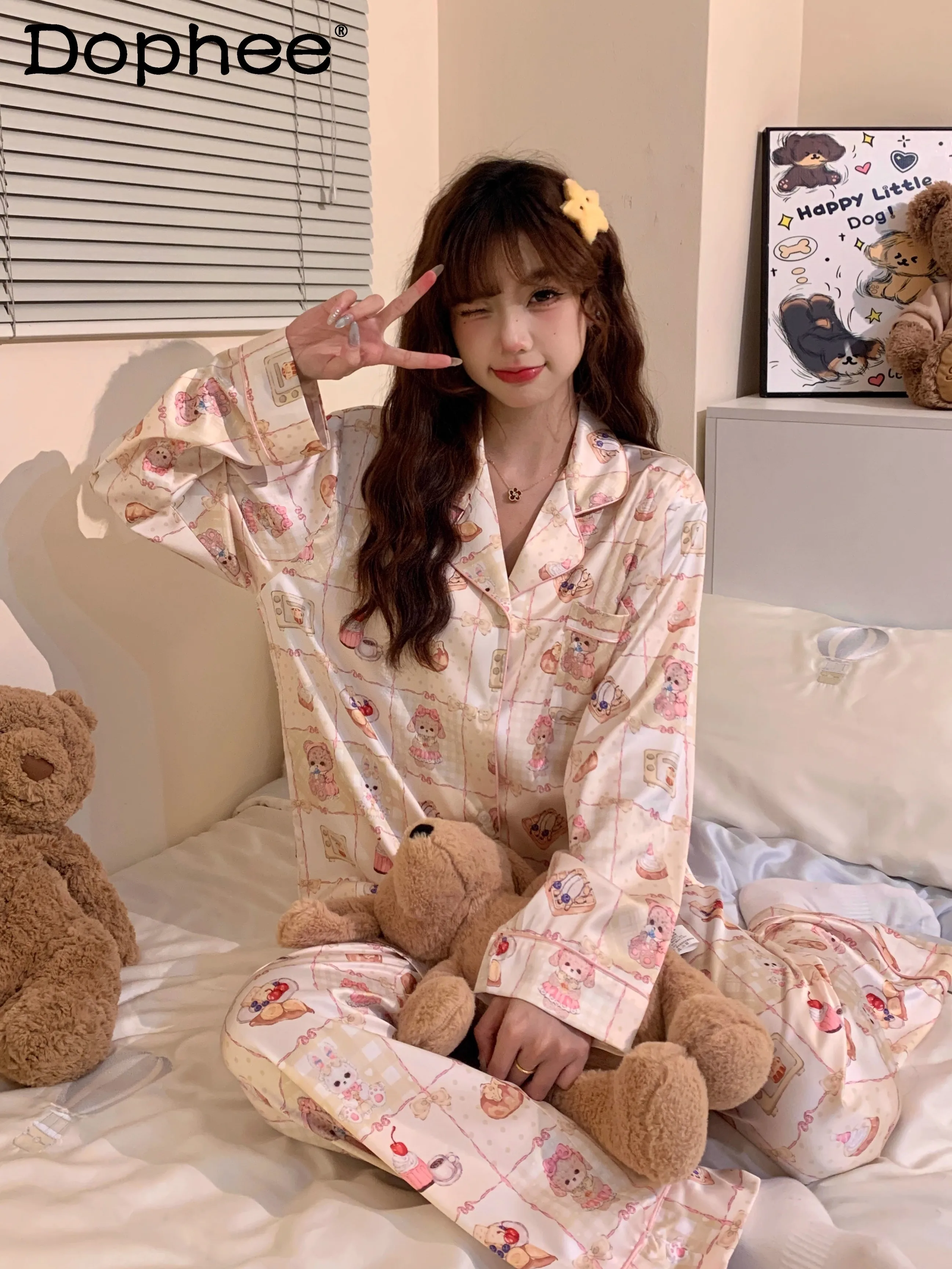 

Kawaii Japanese Original Cartoon Long-sleeved Ice Silk Pajamas Sweet Girl 2025 New Cute Casual Outdoor Loungewear Suit