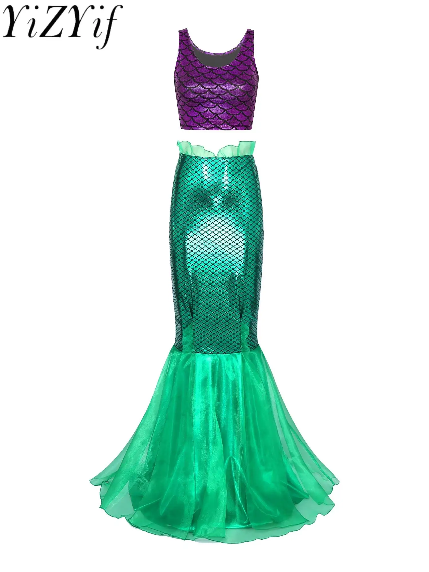 

Womens Mermaid Cosplay Role Play Costumes Mermaid Tail Themed Party Fancy Dress Up 2pcs Tank Top Long Tulle Fishtail Skirt Set