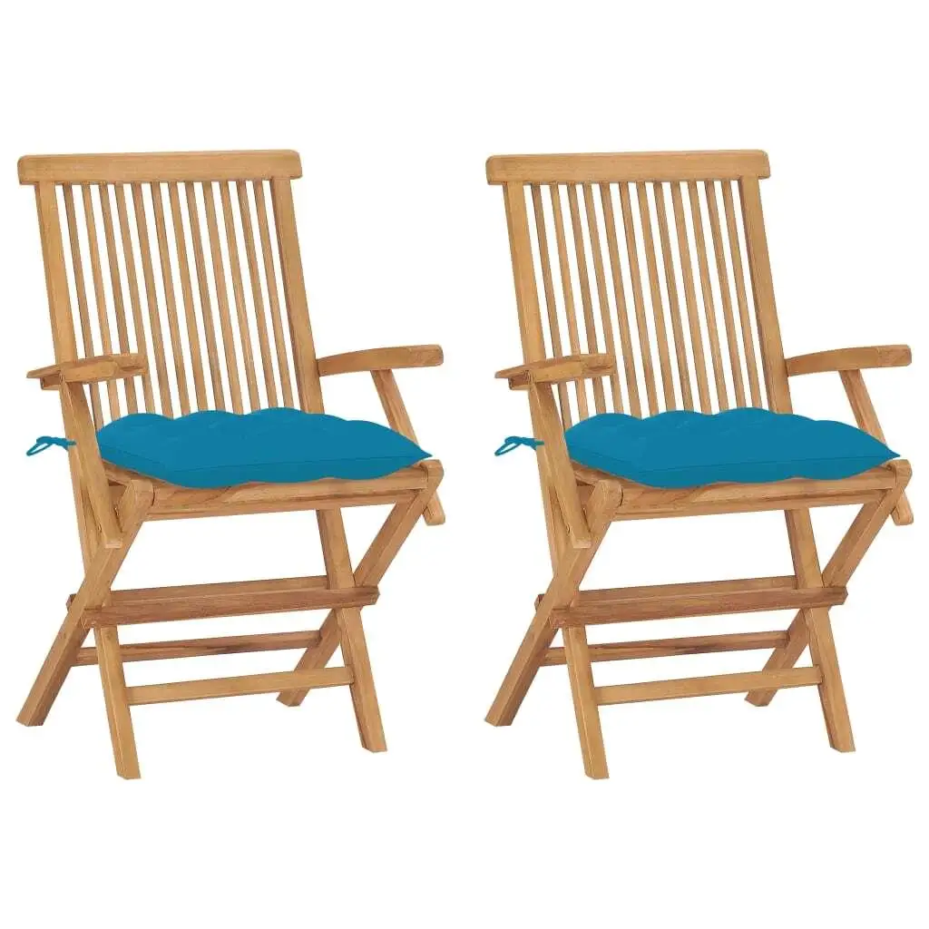 

Set of 2 Teak Wood Patio Chairs with Light Blue Cushions - Durable & Stylish Outdoor Seating