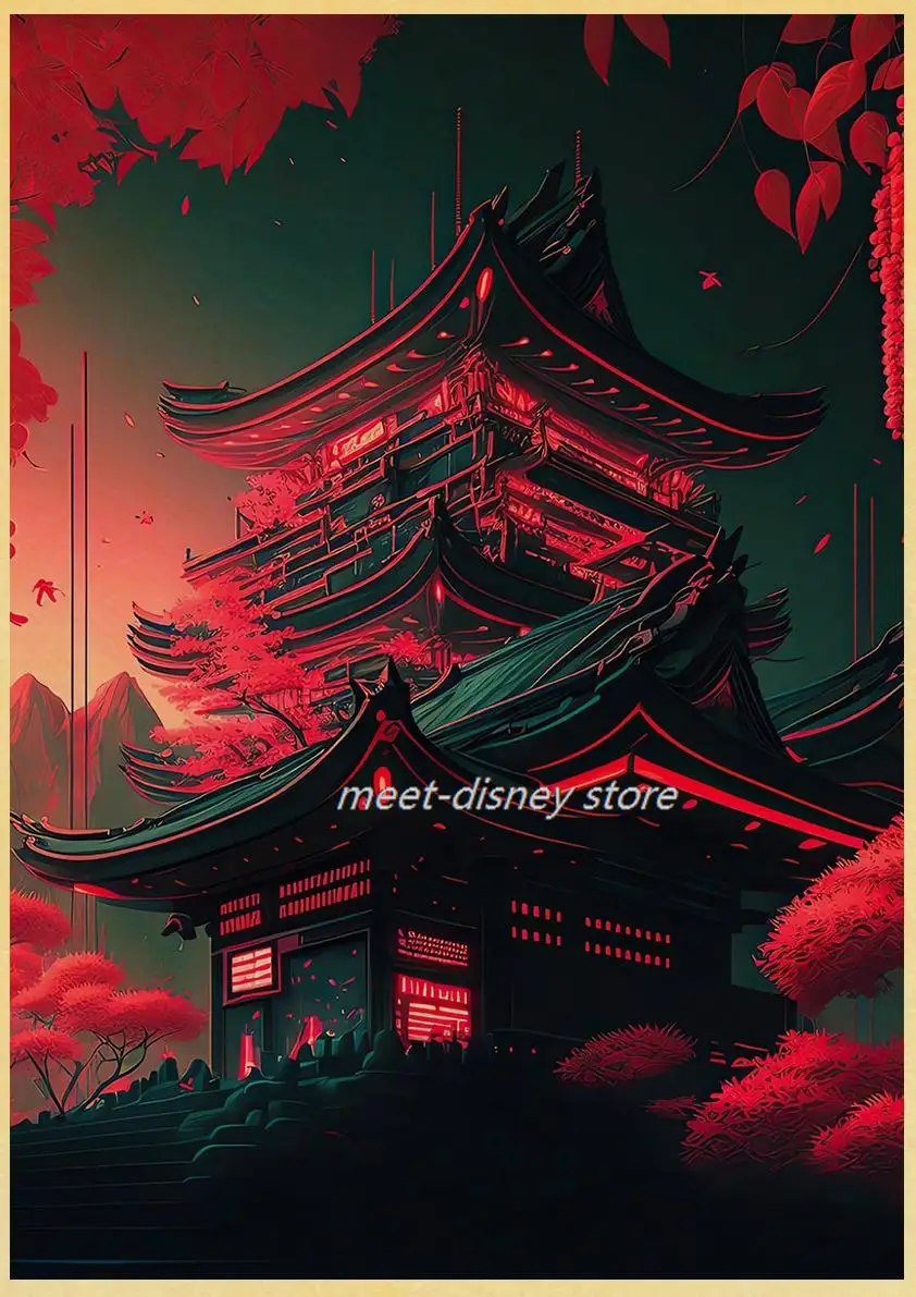 Red Moon Japanese Architecture Poster Harajuku Kraft Paper Posters Home Decoration Coffee Aesthetic Chambre Wall Dormitory
