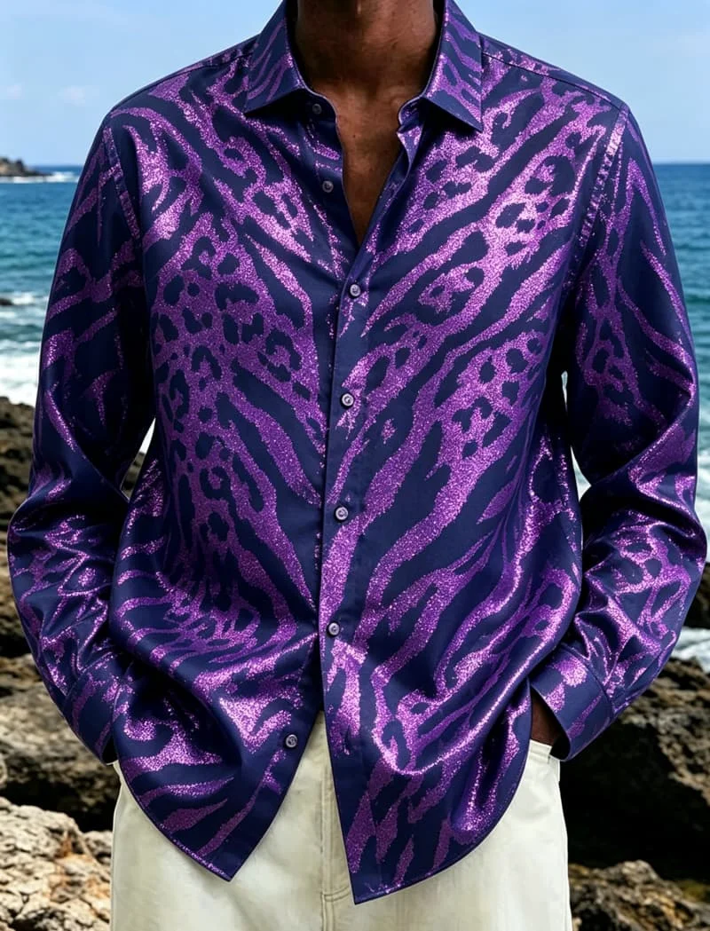 Men's metal animal print long sleeved lapel shirt, suitable for parties, vacations, and wild style outfits