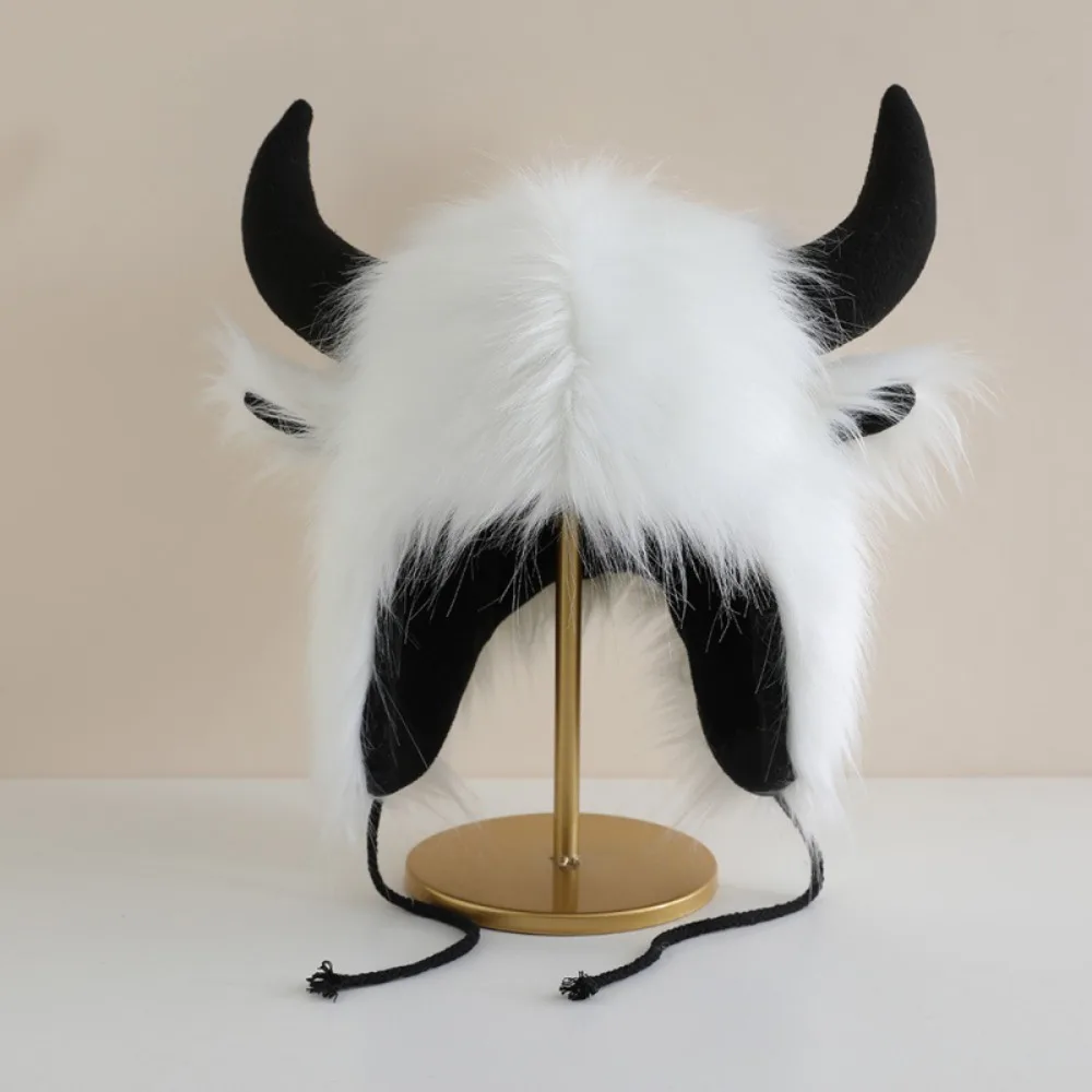 Funny Bullhead Plush Hat for Winter Warmth, Ear Protection, Windproof Cycling, Bull Demon King Hat, Halloween Dress Up Headwear